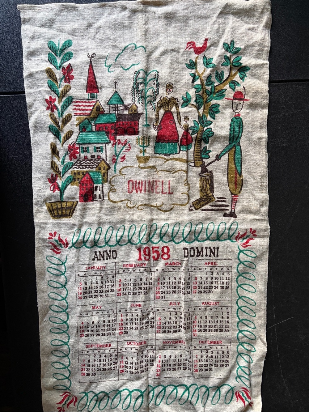 Vintage 1958 Calendar Tea Towel with Village Illustration